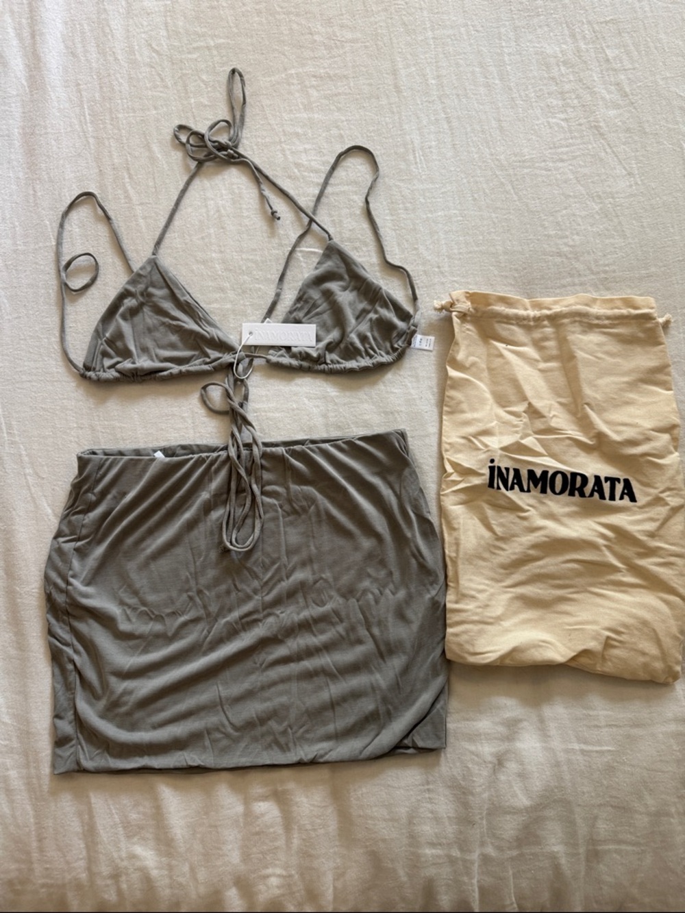 iNAMORATA Olive Green Triangle Bikini Top with Matching Skirt